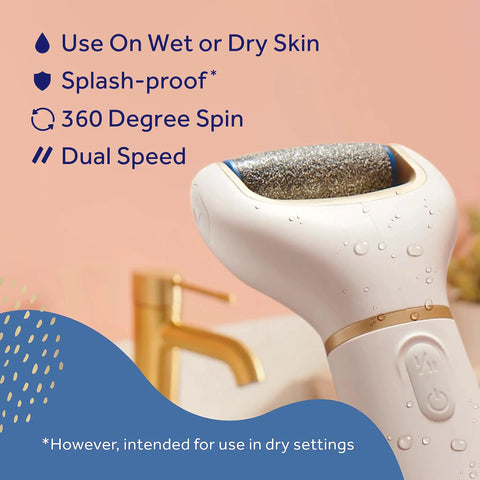 Electric Callus Remover Foot File with Diamond Crystals showcasing splashproof body, extra coarse roller head, in bathroom setting.