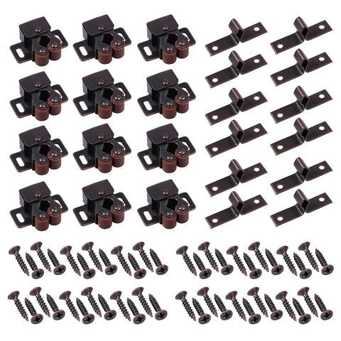 12 Pack Vintage Brown Strong Roller Catch for cabinets and cupboards, with heavy duty steel door lock hardware and 48 screws
