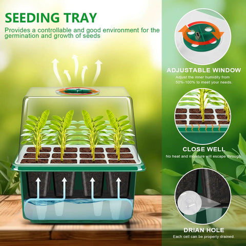 Self Watering Seed Starter Tray Kit With Grow Light And Timing Controller, showing seedlings under a humidity dome.