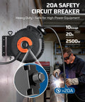 20A safety circuit breaker demonstration with retractable cord reel for high-power equipment and detail focus on breaker switch.