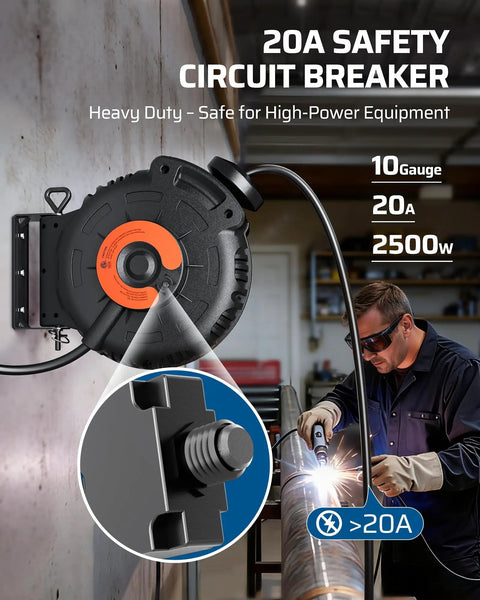 20A safety circuit breaker demonstration with retractable cord reel for high-power equipment and detail focus on breaker switch.