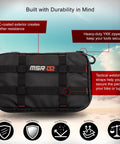 Off Road Motorcycle And Powersports Tool Pack With Magnetic Strip And Zipper Pocket Compact 10.5 Inch By 7 Inch By 1.5 Inch Storage Case, black with PVC exterior and tactical webbing straps.