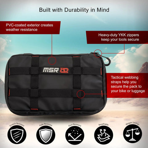 Off Road Motorcycle And Powersports Tool Pack With Magnetic Strip And Zipper Pocket Compact 10.5 Inch By 7 Inch By 1.5 Inch Storage Case, black with PVC exterior and tactical webbing straps.