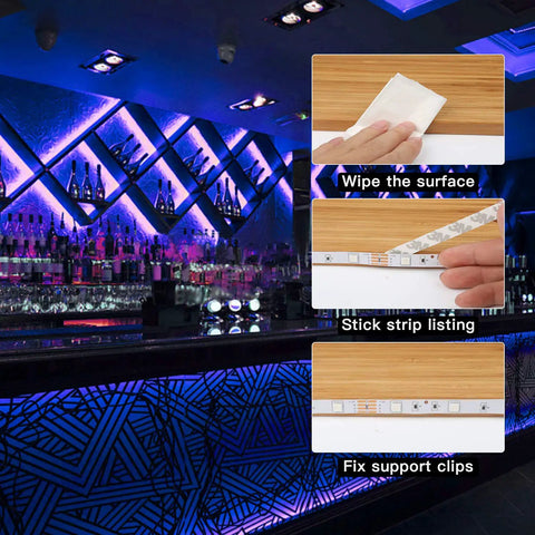 9.8ft RGB LED Strip Lights Kit With Remote Control Dimmer Box For Room Bedroom TV Cupboard Decoration 5050 LEDs installation steps