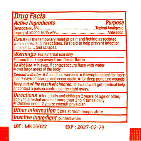 Close-up of first aid kit label showing drug facts, active ingredients, uses, warnings, and directions in red text.