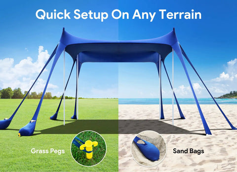 10x10 Ft Beach Tent Sun Shelter UPF50 Plus with 8 Sandbags and 4 Aluminum Poles in grass and sand setup
