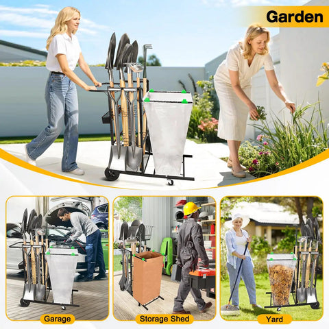 Mobile Trash Bag Holder And Tools Organizer Cart 2 In 1 With Metal Frame On 360 Degree Wheels used in garden, garage, yard.