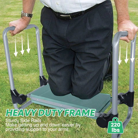 Garden Kneeler And Seat 2 In 1 Foldable Bench With Tool Bag Heavy Duty Frame Wide Soft EVA Foam Pad in use on grass