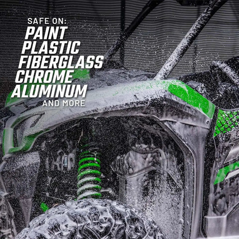 Off Road Wash 64 Oz And Pressure Washer Foam Cannon Bundle For ATV UTV Dirt Bike Jeep And Truck, Beast Mode Foaming Shampoo For Heavy Mud And Dirt Removal Built Tough For Rugged Trails. Foam on ATV paint, plastic, fiberglass, chrome, aluminum.