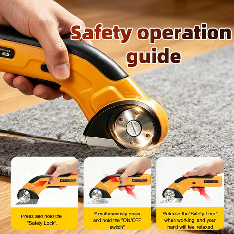 Upgraded Cordless Electric Box Cutter With Self Sharpening Blades And Safe Lock for easy cutting cardboard, leather, plastic in use.