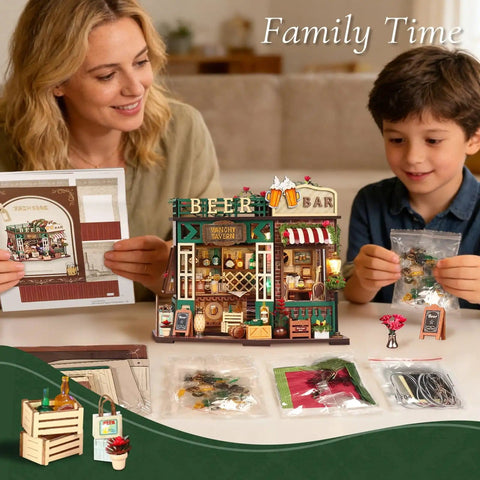 Family building DIY Mini Beer Shop House Kit For Adults 3D Wooden Puzzle Tiny Home with Furnished Interior, on table.