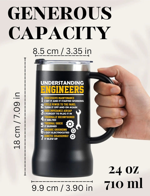 Person holding 24oz stainless steel beer stein tumbler with lid for engineers and gearheads, measuring dimensions visible.