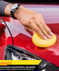 Person using Scratch Out Liquid Car Scratch Remover And Polishing Compound For Light Scratches, Hazy Paint And Swirl Marks, Restore Showroom Shine Fast In One Easy Step, 7 Oz Bottle on red car