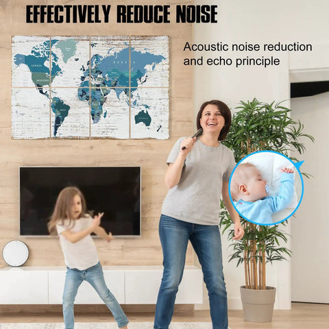 Game Changing Soundproof Wall Art Panels Hella Effective Acoustic Padding For Recording Studio Office Or Home Decor Eight Pack 48 By 32 Inches Noise Absorbing Tiles displayed with family enjoying a quiet room.