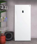 Straight Up Spacious 14 Cubic Foot Upright Fridge And Freezer Combo With Auto Defrost, garage setup beside tools and tires.