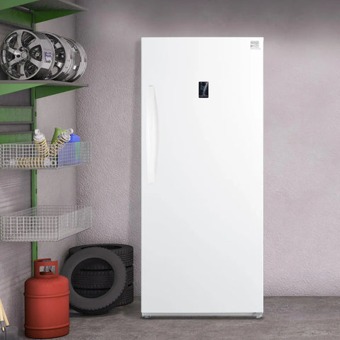 Straight Up Spacious 14 Cubic Foot Upright Fridge And Freezer Combo With Auto Defrost, garage setup beside tools and tires.