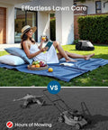 Woman relaxing on blanket while Robot Lawn Mower With Auto Mapping And Vision Navigation No Boundary Wire Setup operates nearby
