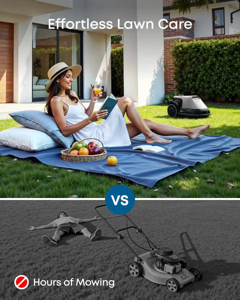 Woman relaxing on blanket while Robot Lawn Mower With Auto Mapping And Vision Navigation No Boundary Wire Setup operates nearby