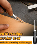 Four Size Leather Edge Beveler Tool Set With Wooden Handle, French Style Beveler in use, trimming leather edges, close-up view.