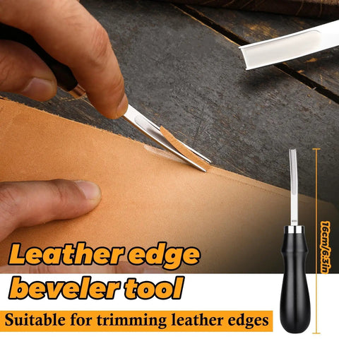 Four Size Leather Edge Beveler Tool Set With Wooden Handle, French Style Beveler in use, trimming leather edges, close-up view.