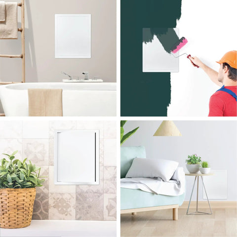 Top Shelf Eight By Ten Inch White Abs Plastic Plumbing Access Panel With Smooth One Hundred Eighty Degree Swivel Lid For Dead Simple Drywall Install And No Hassle Wires Concealment in bathroom and living spaces.