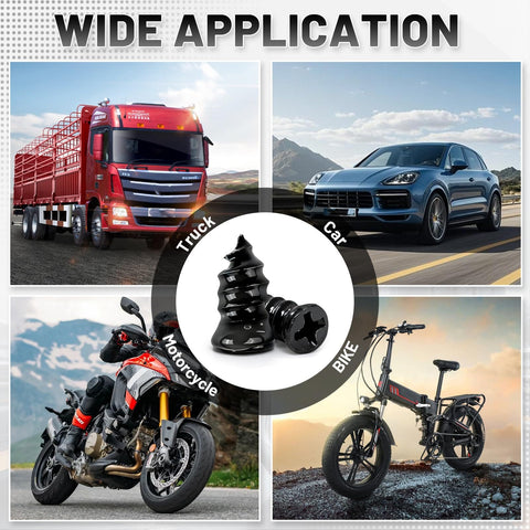 Collage showing a truck, car, motorcycle, and bike with black rubber nails and plugs inset from 60 Piece Tire Repair Kit With Rubber Nails And Self Tapping Spiral Plugs For Tubeless Tires Emergency Puncture Fix Tools That Keep Cars Trucks Motorcycles And Tractors Rolling In A Handy Organized Box