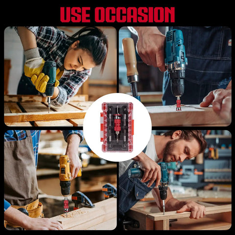Tough As Nails TCT Alloy Countersink Drill Bit Set With Adjustable Depth Stop Collar For Slick Burr Free Woodworking On Plywood And Plastic 8 Piece Badass Kit displayed with users working on wood.