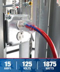 Patriotic 50 Foot 12 Gauge Heavy Duty Extension Cord With Lighted Plug For Indoor Outdoor Use All Purpose Contractor Grade SJTW Red White And Blue -40F To 140F Proud Partner Of Wounded Warrior Project plugged into outlet.