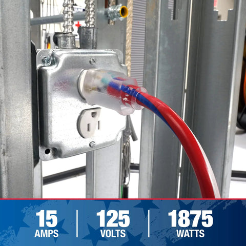 Patriotic 50 Foot 12 Gauge Heavy Duty Extension Cord With Lighted Plug For Indoor Outdoor Use All Purpose Contractor Grade SJTW Red White And Blue -40F To 140F Proud Partner Of Wounded Warrior Project plugged into outlet.