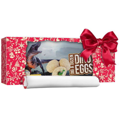 Gift-wrapped box of Dig Up 12 Dino Eggs And Uncover 12 Unique Dinosaur Models With A Totally Hands On Dino Dig Kit For Kids.