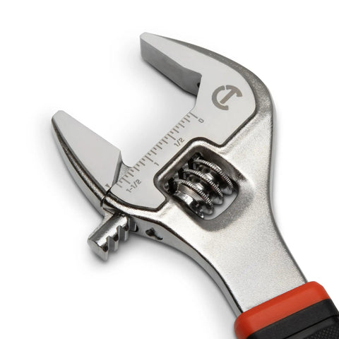 Close-up of 12 inch adjustable wrench with Quick Fit Jaw for rapid fitment and solid grip off corner loading prevents fastener rounding
