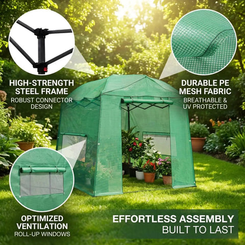 Walk In Pop Up Greenhouse For Indoor Or Outdoor Use 8.5 By 7 Ft Grow Tent With Zippered Doors Screen Windows Heavy Duty Frame And Weather Resistant PE Cover For Plants Veggies Herbs And Flowers