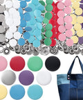 200 Pieces 9.5mm Alloy Snap Button Kit For Fabric Sewing Colorful Fasteners For Clothing Hats And DIY Crafts Easy Install Durable Rust Resistant Alloy Snaps Great For Upcycling Garments And DIY Projects, showcasing a variety of colorful snap buttons with a denim bag.