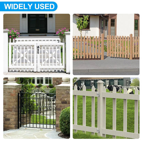 Various farm and chain link fences showing gates installed with Heavy Duty Wall Mount Gate Hinges For Farm And Chain Link Fences.