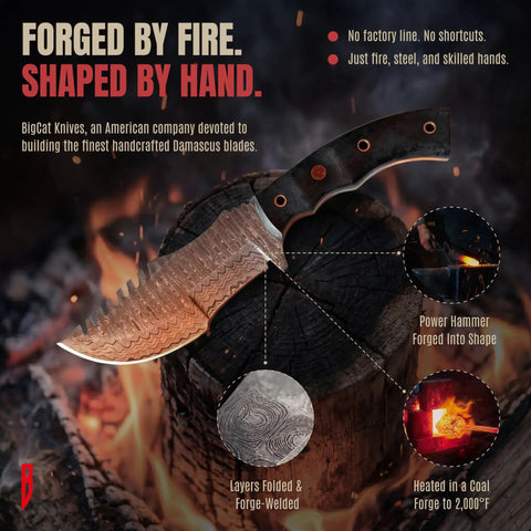 Beefy 10 Inch Damascus Steel Tracker Knife With Full Tang Fixed Blade Micarta Handle shown forged by hand on burning log