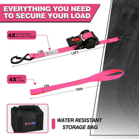 Heavy Duty Self Retracting Ratchet Straps 1 Inch By 13 Feet With Auto Rewind Tensioner Bolt On Brackets 1800 Pound Capacity No Sweat Cargo Tie Downs For Pickup Truck Haul Setup Four Pack Bundle