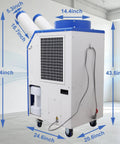 Heavy Duty 18700 BTU Industrial Spot Cooler Portable Air Conditioner With Dual Exhaust And Serious Airflow Running Like A Beast 220 Volt dimensions with measurements on a white background.