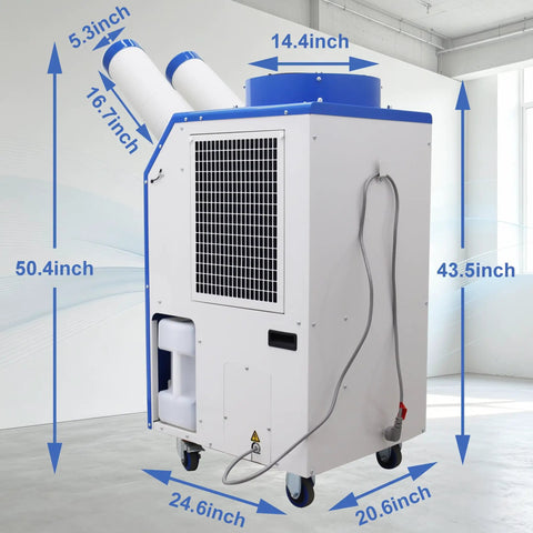 Heavy Duty 18700 BTU Industrial Spot Cooler Portable Air Conditioner With Dual Exhaust And Serious Airflow Running Like A Beast 220 Volt dimensions with measurements on a white background.