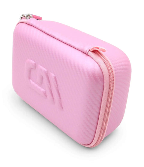 Dope Pink Hard Shell Camera Travel Case Straight Up Built To Shield Your Waterproof Toy Action Cams And Video Recorders While Keeping Loose Mounts Straps And Chargers Packed Tight - side view showing zipper and texture.