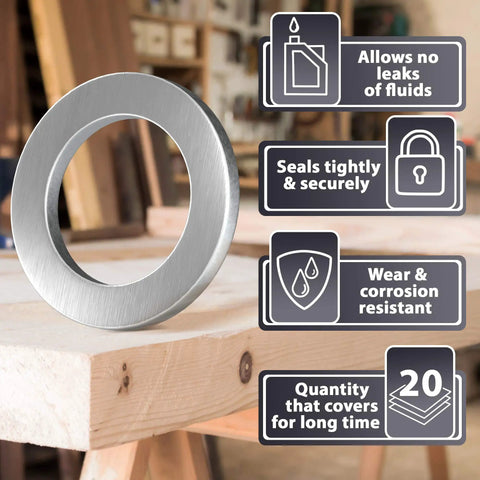 Close-up of a 14mm aluminum oil drain plug gasket washer for Honda and Acura cars, with product benefits displayed in text.