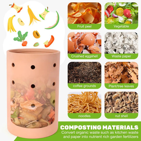 Underground Worm Composting Bin 10 Inch For Outdoors Easy To Use For Beginners with food waste illustrations and material list shown.