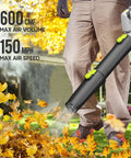 Person using Cordless Leaf Blower 21V With 150 MPH 600 CFM High Performance Airflow in garden with falling leaves.