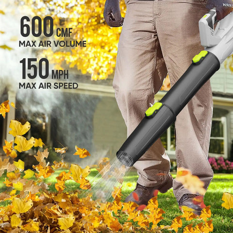 Person using Cordless Leaf Blower 21V With 150 MPH 600 CFM High Performance Airflow in garden with falling leaves.