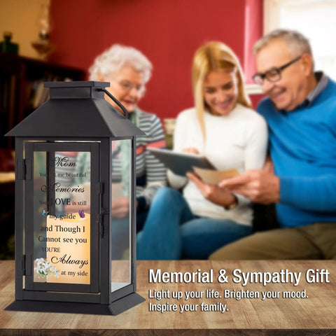 Memorial Lantern For Loss Of A Loved One, Bereavement Gift In Memory Of Mom Or Dad, in a living room setting with family.