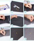 Leather Rivet Kit With 480 Sets In 3 Sizes And 4 Colors, Double Cap Tubular Metal Rivets Plus 3 Setting Tools displayed in use on fabric