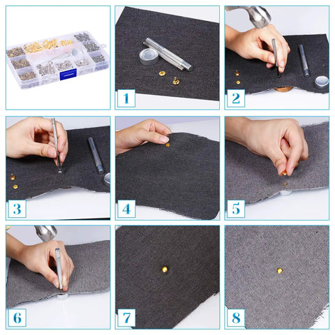 Leather Rivet Kit With 480 Sets In 3 Sizes And 4 Colors, Double Cap Tubular Metal Rivets Plus 3 Setting Tools displayed in use on fabric