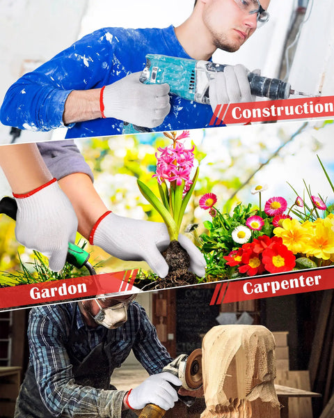Killer Grip Tough White Cotton Liner Gloves Twenty Four Pair Non Slip Heavy Duty Safety Gear For Barbecue Warehouse Mechanic Industrial Gardening Construction Heat Proof Liners For Men And Women Handymen Workers used in construction, gardening, and carpentry.