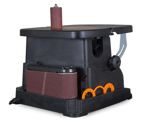Powerful Heavy Duty Oscillating Belt And Spindle Sander with Four By Twenty Four Inch Belt, front view showing sanding drum.