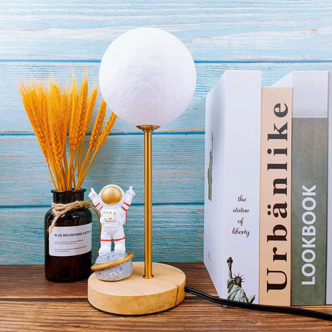 Moon Table Lamp Space Buddy Night Light For Kids Bedroom Astronaut Moon Figure With 3 Color Temperatures 3000K 4000K 6000K Two 7W G9 LED Bulbs Wooden Base Cool Space Themed Gift