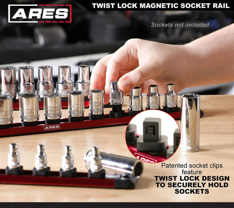 15.5 Inch Red Twist Lock Magnetic Socket Rail Set For Toolbox Organization, Holds 36 Sockets on wooden surface, hand reaching.